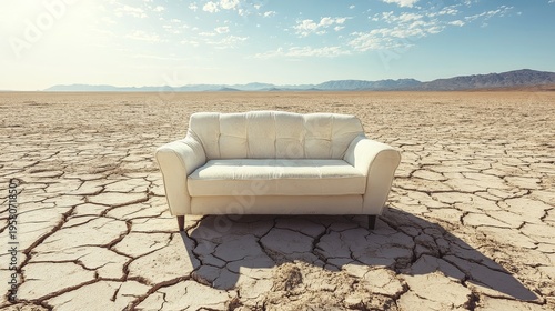 Isolated living room sofa on arid cracked desert ground, minimalistic concept blending comfort with wilderness, symbolic visual of escapism