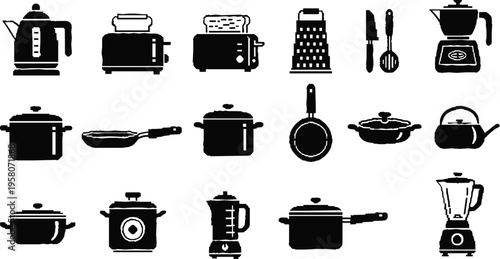 Black and White Kitchen Appliances and Cooking Utensils Icon Set Featuring Pots, Pans, Blenders, and Kitchen Tools for Digital Design Projects