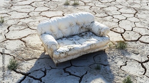 Isolated living room sofa on arid cracked desert ground, minimalistic concept blending comfort with wilderness, symbolic visual of escapism