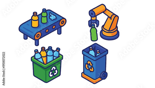 Recycling robot sorts plastic bottles into recycling bin illustration