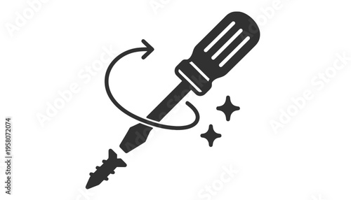 A screwdriver icon with a screw and stars on a white background
