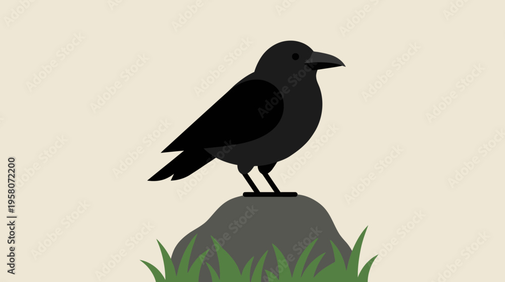 Fototapeta premium A simple cartoon illustration of a black crow perched on a grey rock with green grass.