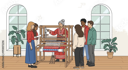 Diverse group learning traditional weaving from instructor.