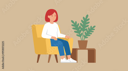 Illustration of a red-haired woman sitting comfortably in a yellow armchair next to a potted plant on a small table.
