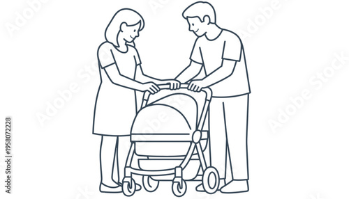 A happy couple pushing a baby stroller together outdoors in daytime