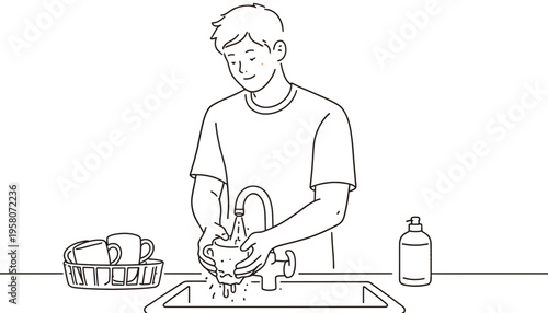 Man washing dishes in a kitchen sink with soap and water