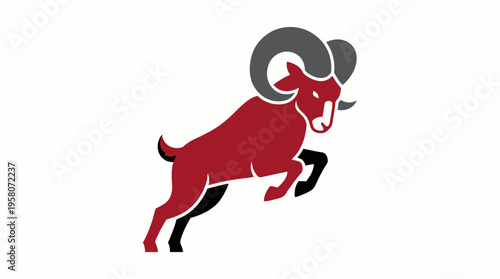 Stylized illustration of a red ram with dark grey horns and hooves in a dynamic leaping pose against a white background.