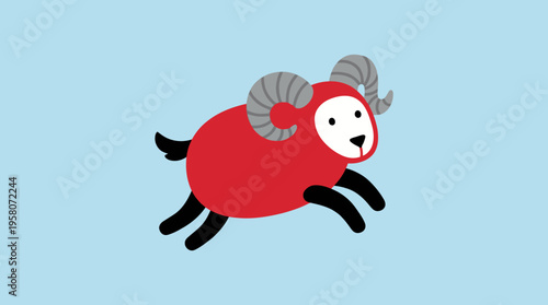A cute cartoon red ram with grey horns and black legs jumping against a light blue background in a simple, flat graphic style.