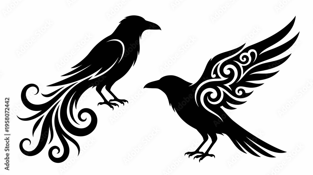 Fototapeta premium Two stylized black raven or crow silhouettes with intricate tribal and decorative patterns on their tails and wings.