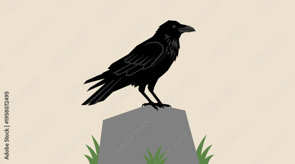 Obraz premium A black crow with dark feathers stands perched on a grey rock with green grass at its base, set against a simple light background in a flat illustration style.