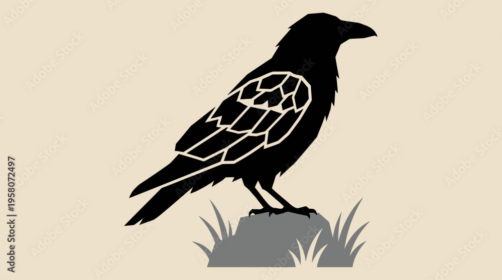 Fototapeta premium A stylized black silhouette of a crow or raven standing on a small rock with grass, set against a light background.