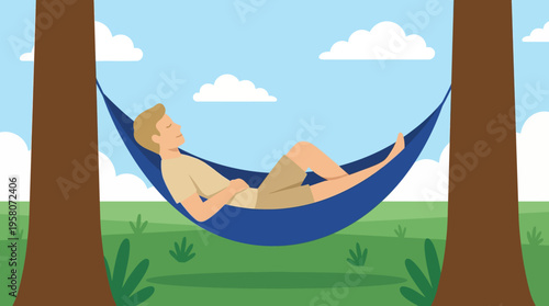 A man peacefully relaxing in a blue hammock tied between two trees in a serene outdoor setting with a clear blue sky and green grass.