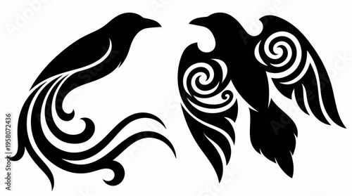 Two stylized black bird silhouettes with intricate swirling tribal patterns, one with a long tail and the other a compact raven-like figure.