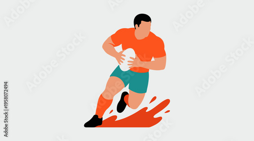 Stylized illustration of a rugby player in an orange shirt and teal shorts running with a white ball, creating a dynamic red splash effect.
