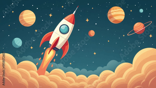 Vector illustration of a rocket launching into space with planets and clouds