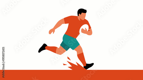 Dynamic illustration of a male rugby player in an orange shirt and teal shorts, running with the ball, creating a splash effect.