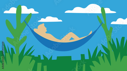A person relaxing in a blue hammock between green plants under a blue sky with clouds, in a flat illustration style.