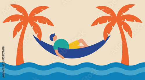 A person relaxing in a blue hammock between two palm trees over blue ocean waves, depicting a tropical vacation.