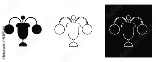 Street lamp icon set with classic triple light design in solid outline and negative versions for urban planning architectural drawings and park decoration