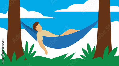 An illustration of a person relaxing in a blue hammock strung between two trees under a clear blue sky with white clouds.