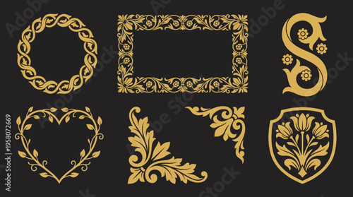 A collection of six elegant golden ornamental designs, including frames, flourishes, and a shield emblem, featuring intricate floral and leaf patterns on a dark background.