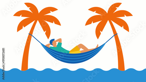 An illustration of a person relaxing in a blue hammock between two orange palm trees over blue water, depicting a peaceful tropical vacation scene.