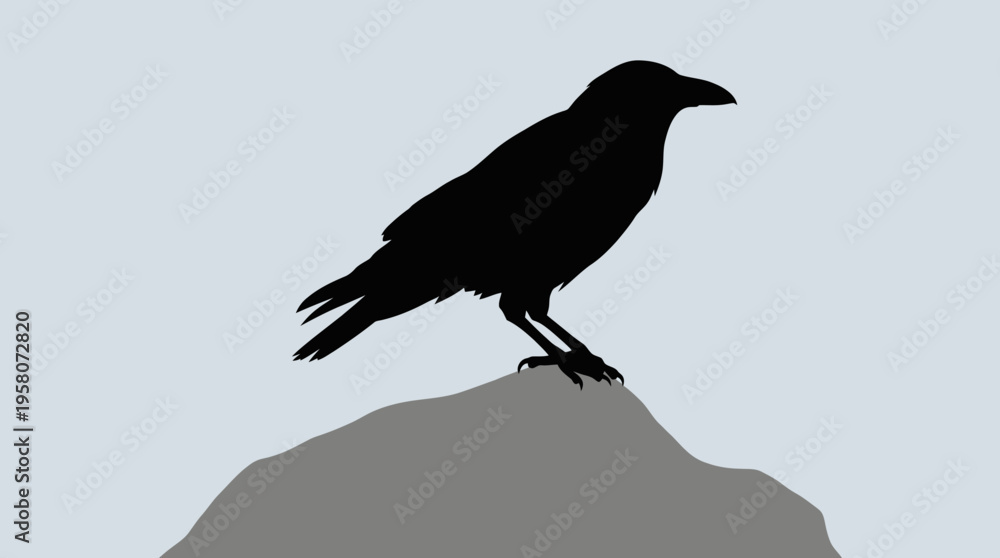 Naklejka premium Silhouette of a black crow or raven perched on a grey rock against a light background.