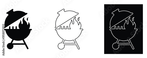 Barbecue grill icon set black and white simple design elements for outdoor cooking and summer grill party celebration