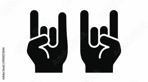 Two black silhouette hands making the rock and roll gesture, isolated on a white background, symbolizing music, rebellion, and energy.