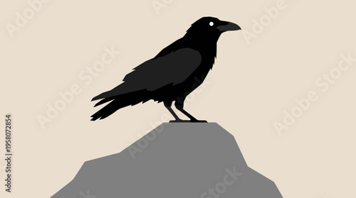A stylized illustration of a black crow perched on a grey rock against a plain light background.