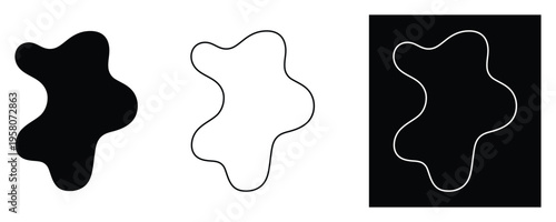 Organic blob shape black outline white fill abstract fluid form smooth wavy irregular amoeba silhouette isolated on black