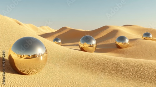 Abstract desert environment featuring reflective spheres and cubes partially embedded in golden dunes, clean horizon with creative visual contrast