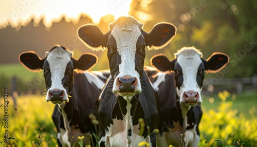 Three cows stand in a sunlit field, surrounded by lush greenery, with warm golden light illuminating the scene.