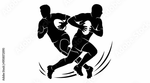 Dynamic black silhouettes of two rugby players running with the ball, depicting intense sports action and competition.