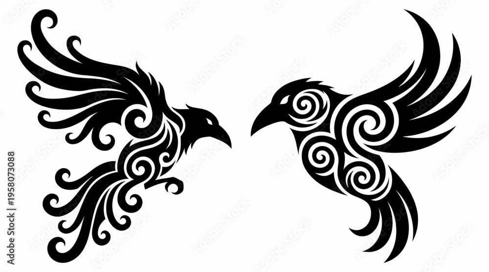 Naklejka premium Two stylized black birds with intricate swirling patterns, resembling tribal art, on a white background.