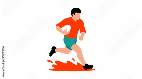 Dynamic illustration of a male rugby player in an orange shirt and green shorts running with a ball, creating a splash effect.