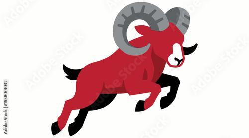 A vibrant red ram with large grey horns and black legs, depicted in a dynamic leaping pose with a flat design style against a white background.