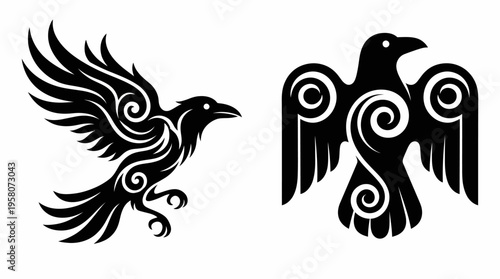Two stylized black raven designs with intricate Celtic-inspired swirling patterns, one in flight and the other static, representing tribal or mythological art.