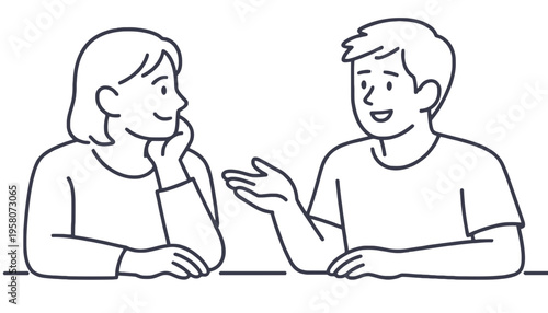 A cartoon illustration of a young man and an old woman talking