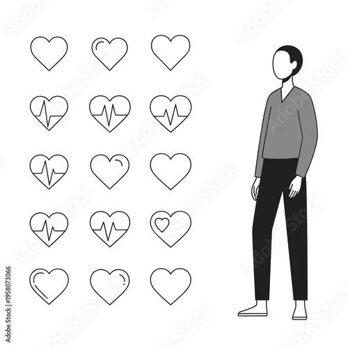 Heart Outline Icons Set with Character Illustration