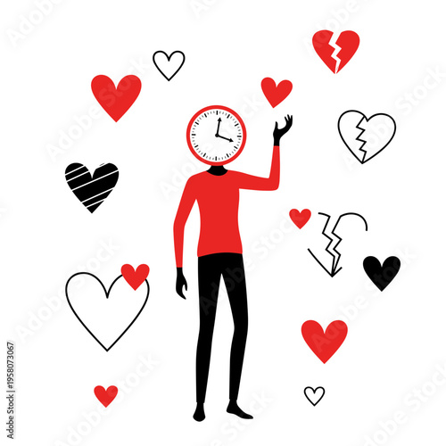 Emotional Hearts with Clock Head Character Illustration
