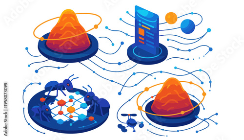 An illustration of ants and mountains with a server and network connections