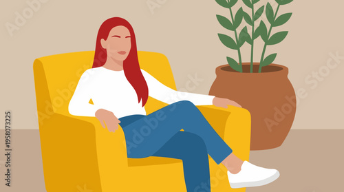 Detailed illustration of a woman with red hair relaxing in a yellow armchair in a minimalist room with a potted plant.