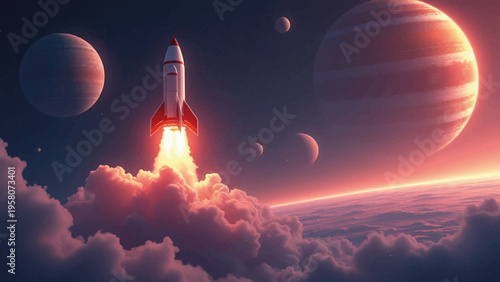 Vector illustration of rocket launching into space with planets