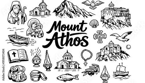 Mount Athos iconic illustration set with various religious symbols and landmarks