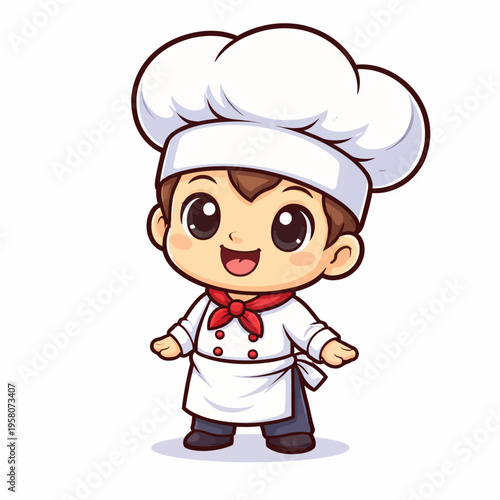 Adorable Cute Little Boy Chef Cartoon Character Illustration - Chibi Style Mascot in Professional Uniform and Hat