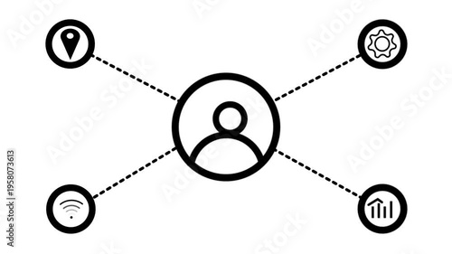 Animated simple network diagram with 5 user icons connected by lines representing social media or organizational structure on a waith  background.