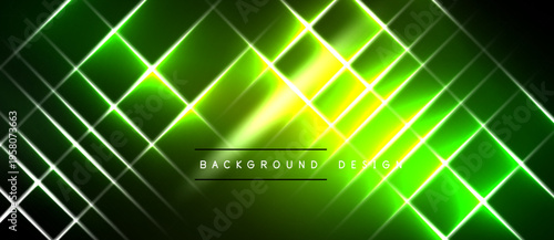 Bright neon grid pattern dominates dark background. Lines intersect creating vibrant visual effect. Modern design element.