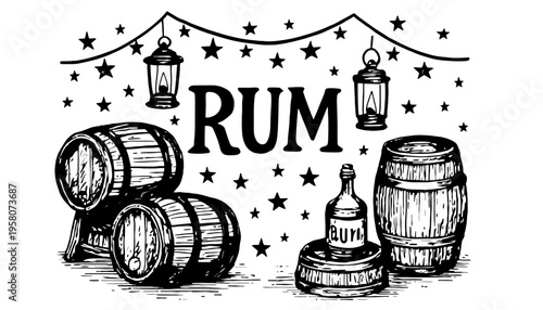 Rum barrels and bottle illustration with lanterns and stars