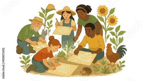 Garden planning illustration with diverse people and farm animals